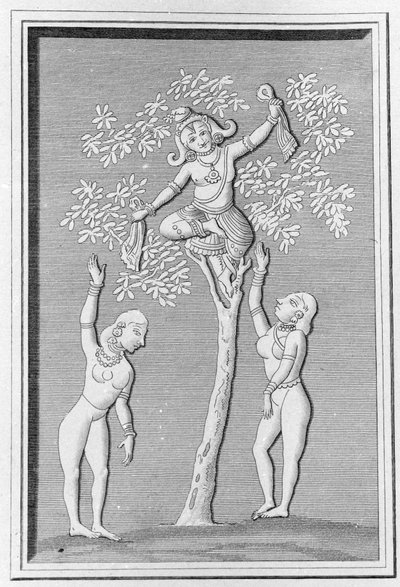 Krishna iki gopi ile uçuyor. LM Langles, Paris 1821 tarafından “Hindustan'ın Antik ve Modern Anıtları”nda gravür. by Unknown artist