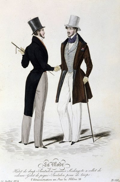 La Mode du 26 juillet 1834: (erkeksi moda) çarşaf takım - casimir pantolon - Kadife yakalı redingote - pike yelek - ten rengi pantolon ve silindir şapka. by Unknown artist