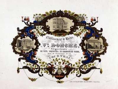 Şaraphane, likörler ve toprak kömürler için etiket. Litografi by Unknown artist