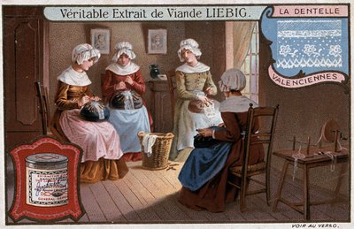 Dantel atölyesi, Valenciennes, Liebig reklam v. 1895 by Unknown artist