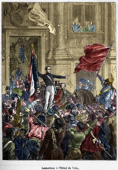 Lamartine (1790 - 1869), Belediye Binasında üç renkli bayrak için kırmızı bayrağı reddediyor. Paris, 26 Şubat 1848. Bianchetti koleksiyonu. by Unknown artist