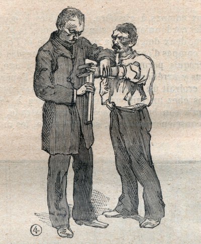 Adli antropometri veya bertillonnage, Alphonse Bertillon (1853-1914) yöntemi: orta parmak ve sol yüzük parmağının ölçümü - “” La Science francaise” de Gravür by Unknown artist