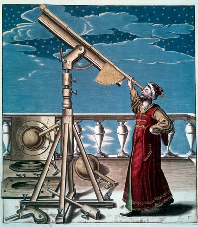 Gökbilimci: Bir adam astronomik çerçevedeki yıldızları izliyor - Gravür du 17. yüzyıl - Paris, B.N. - Gökbilimci: Bir adam teleskopla yıldızları izliyor - Gravür by Unknown artist