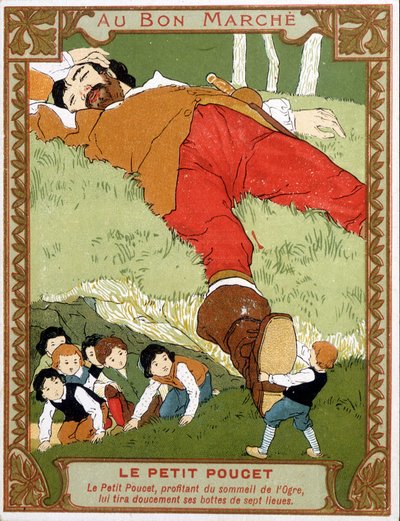 Le Petite Poucet, yedi liglik botlarını assoupi ogre