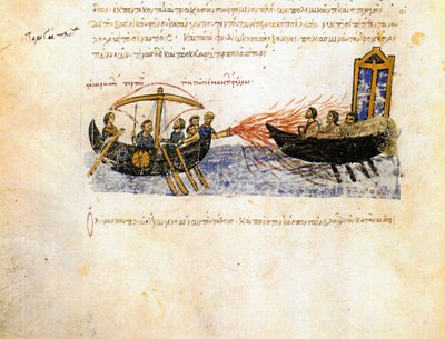 ""Le feu grégeois"" (Yunan ateşi) Bizans filosu asi bir orduya karşı Yunan ateşini kullanıyor - ""Synopsis historiarum"" veya ""Chroniques byzantines"den alınmış minyatür (811