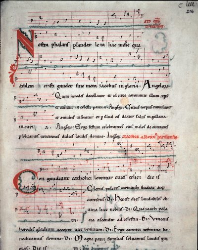 Santiago de Compostela (Santiago de Compostella) hacının sözlerini içeren bir hacı rehberi broşürü Fol. 214 saat 13. yüzyıldan kalma bir el yazmasından. Santiago de Compostela Katedrali Arşivi (Santiago de Compostela), İspanya by Unknown artist
