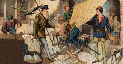 Leonardo da Vinci (Leonard de Vinci 1452-1519) uçan makinesini deniyor. 19. yüzyılın kromolitografisi. by Unknown artist