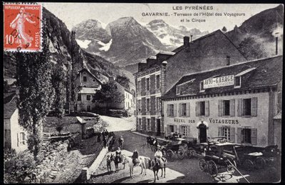 Les Pyrenees, Gavarnie: Hotel des Voyageurs ve sirk terası - kartpostal, 19. yüzyıl sonu by Unknown artist