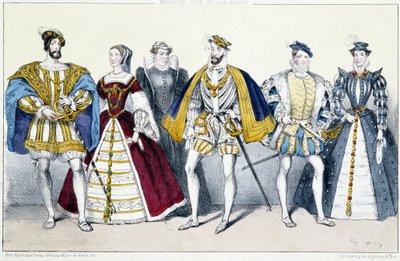 Les Valois: Francois I (1494-1547) ve Claude de France (1499-1524), Catherine de Medicis (1519-1589) ve Henri II (1519-1559), Francois II (1544-1560) ve Marie Stuart (1542- 1587) - Planche, Kings and Queens of France