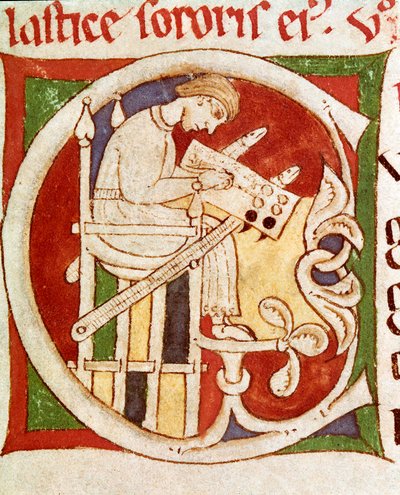 C harfi, bir masanın üzerine bir keşiş yazısıyla süslenmiştir. “” Vitae sanctorum”dan (Azizlerin Yaşamı) minyatür 12. yüzyıl Coimbre, üniversite kütüphanesi by Unknown artist