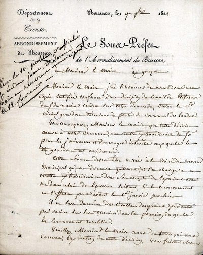 Creuse kaymakamının (Boussac bölgesi) Gouzon belediye başkanına yazdığı mektup, 9 Eylül 1822 by Unknown artist