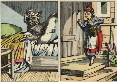 Kırmızı Başlıklı Kız, büyükannesinin kapısını çalar. Charles Perrault