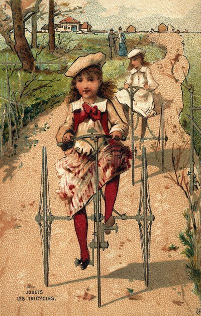 Küçük kızlar üç tekerlekli bisiklet yapıyor. 1890 civarında kromolitografi. by Unknown artist