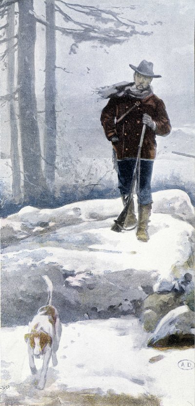 19. yüzyılın sonlarında karlı bir manzarada köpeği olan yalnız avcı by Unknown artist
