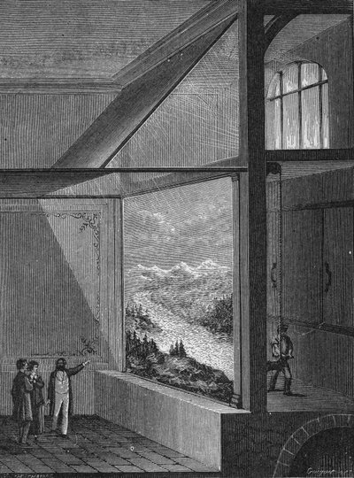 Louis Daguerre, diorama ve resmin değişim modunun bir gösterisini yaptı by Unknown artist