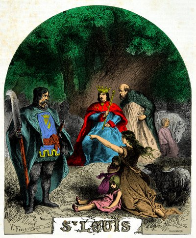Louis IX (Saint Louis 1214-1270), bir meşe ağacının altında adaleti sağlıyor, 19. yüzyıla ait oyma by Unknown artist