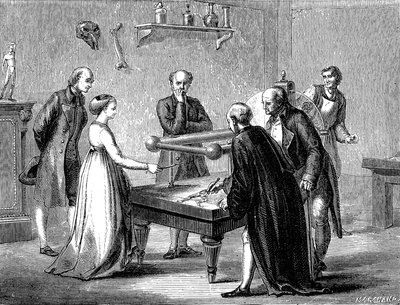 Luigi Galvani 1780'de kurbağa kasının elektrikten dolayı sinirlendiğini keşfetti. by Unknown artist