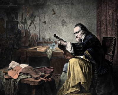 Luthier Stradivarius (Antonio Stradivari) (1644-1737) atölyesinde. Hammann.Keman Tasarımcısı Antonio Stradivari (Strdivarius) tarafından iş yerinde gravür. by Unknown artist
