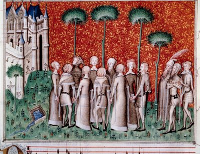 Machaut hanımını buluyor. Guillaume de Machaut (v. 1300-1377), 1350-1355 dolaylarında “Remede de Fortune” (Folio 51) bölümündeki bir nottan minyatür. by Unknown artist