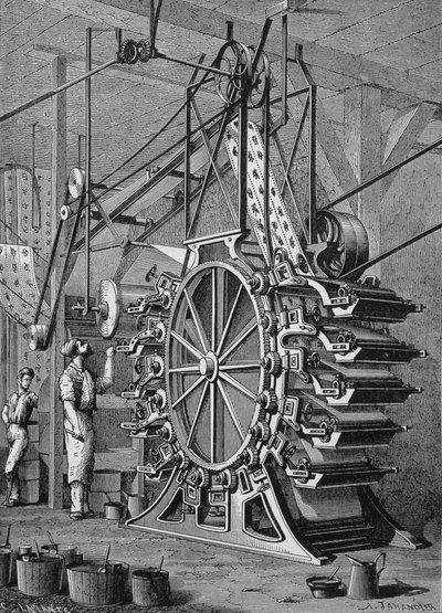 10 renkte duvar kağıtları basmak için makine, 19. yüzyıla gravür. by Unknown artist