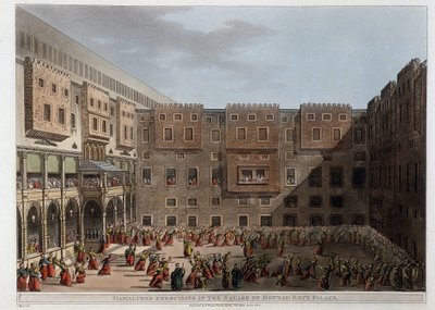 Saray Mourad Bey'in avlusunda pratik yapan Memlükler - “Mısır, Filistin ve Osmanlı İmparatorluğu'nun diğer bölgelerindeki Görünümler” by Unknown artist