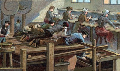 Bıçak imalatı, kalıp atölyesi. 19. yüzyılın sonunun kromolitografisi by Unknown artist