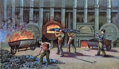 Aydınlatma gazı imalatı, cornu delutor. 19. yüzyılın sonunun kromolitografisi by Unknown artist