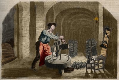 Köpüklü Şampanya şarabı imalatı: mahzende kullanılan şişeleme makinesi. “Le Musee Des Sciences” da 1858