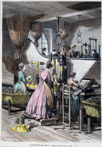 Tütün imalatı, tütsüleme için tütün paketleme. 1867 Paris litografisi, Musee Carnavalet by Unknown artist