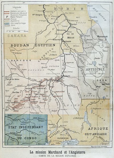 Mission Marchand tarafından keşfedilen bölgenin haritası - 09/10/1898 tarihli “Le Petite Journal”da by Unknown artist