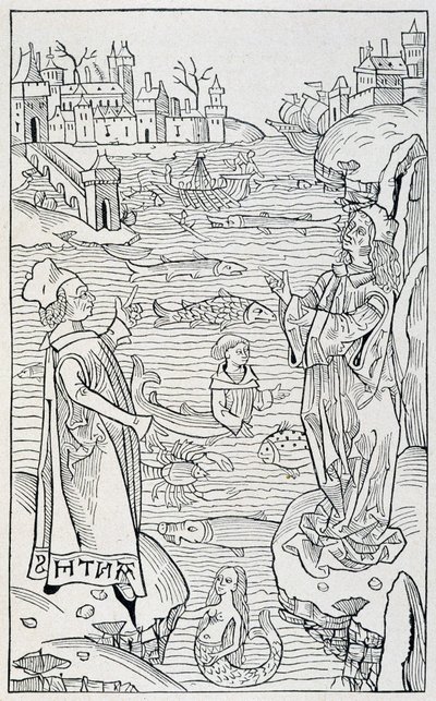 Deniz hayvanları ve canavarlar - “” Hortus Sanitatis””in “” De Piscibus” bölümünün başlık sayfası, Mainz, 1491 yılı baskısı by Unknown artist