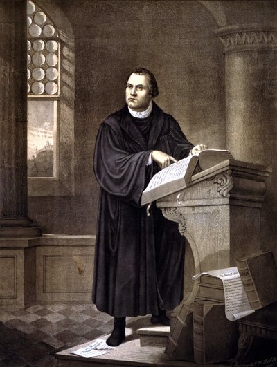 Martin Luther (1483 - 1546) bir kilisede okuyor. by Unknown artist