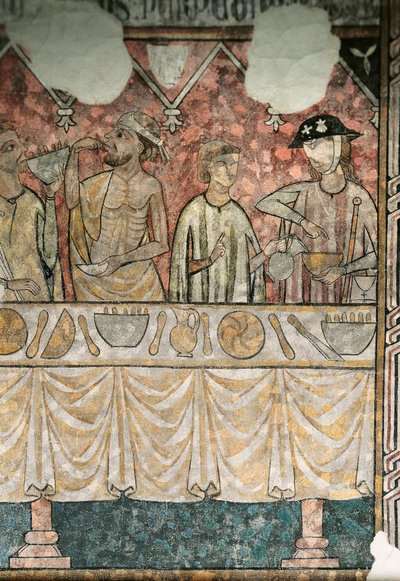 Pelerinlerin yemekhanesindeki yemek sahnesi, detay, Lleida katedralinden by Unknown artist