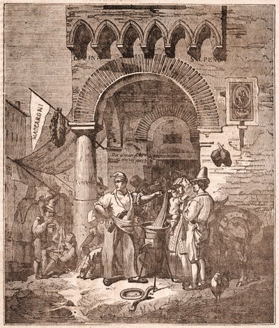 Tüccar bir tencerede makarna pişiriyor, İtalyan sahnesi (gravür) by Unknown artist