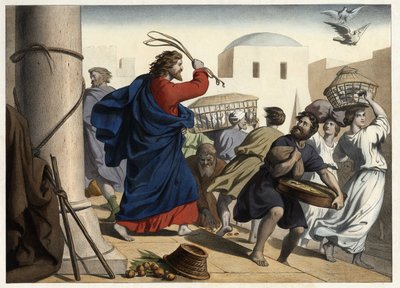 Tüccarlar tapınaktan kovaladı. 19. yüzyılın ortalarından anonim gravür. by Unknown artist