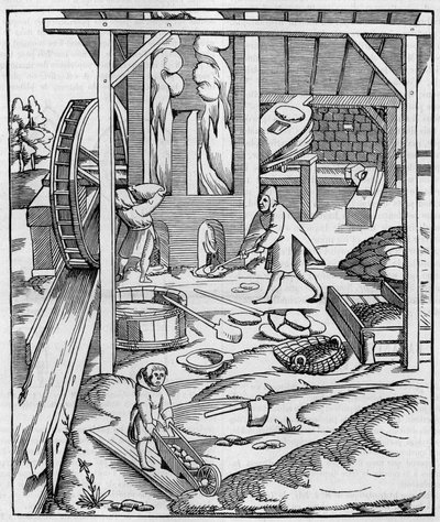 Hidrolik motorla çalışan metal fırın üfleyici. Sebastien Munster tarafından “Cosmographie” (1555) de yayınlanan bir gravürün Fac simile (Fac-simile). Gravür “” La Nature: revue des sciences et de leurs apps aux arts et a l