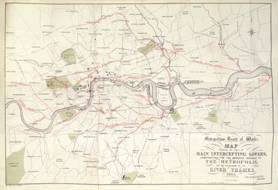 Bazalgette'nin Metropolis'in İyileştirilmiş Drenajı için inşa edilen Ana Durdurma Kanalizasyon Hatları planının Büyükşehir Çalışma Kurulu haritası by Unknown artist