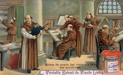 Orta Çağ keşişi el yazmaları yazıyor. Kromolitografi, Liebig görüntüsü by Unknown artist