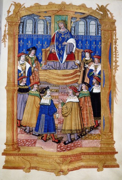 Louis XI (1423-1483) ve Saint Michael Nişanı şövalyelerini tasvir eden 15. veya 16. yüzyıl minyatürü. by Unknown artist