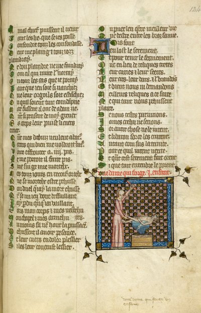 Minyatür, 'Le Roman de la Rose'dan bir bebeği döven Doğayı gösterir, c.1380 (minyatür) by Unknown artist