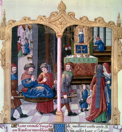 Saint Louis Mucizeleri: Kral Louis IX (1214-1270) bir felçliyle savaştı. Bir el yazmasından minyatür “Gerçekler Monsenyör Saint Louis” 15. yüzyıl. Paris, BN by Unknown artist