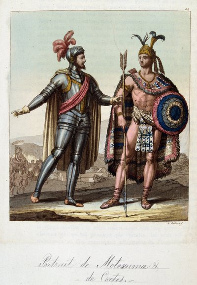 Montezuma II, Aztek kralı ve Hernan (veya Hernando) Cortes veya Fernand Cortez (1485-1547), İspanyol fatihi - Ferrario