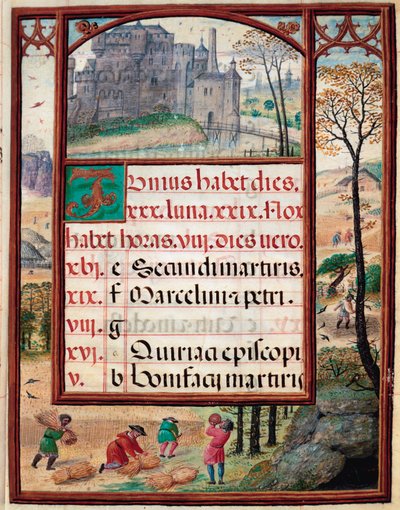 Haziran ayı: manzara ve hasat. Köylüler iş başında. Manuel I. Portekiz (1469-1521) 1517 tarafından yazılan “Saatler Kitabı” el yazmasının sayfası. Lizbon, Museo di Arte Antica by Unknown artist