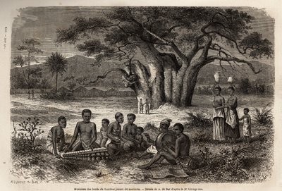 Zambese Nehri kıyısında marimba (balafon ve Kolombiya öncesi enstrümanların karışımı) çalan müzisyenler. Dr. Livingstone