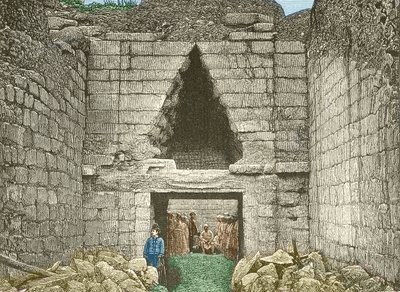 Mycenes, Schliemann tarafından keşfedilen aslanların kapısı by Unknown artist