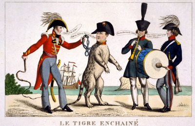 Napolyon, bir İngiliz subayı tarafından kamçıyla tutulan zincirlenmiş bir kaplanda. Rusya ve Avusturya yan tarafta müzik çalıyor. Çizgi film 1815. by Unknown artist