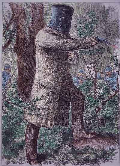 Karakteristik zırhını giyen Ned Kelly, polisle son karşılaşmasında, 28 Haziran 1880 (renkli gravür) by Unknown artist