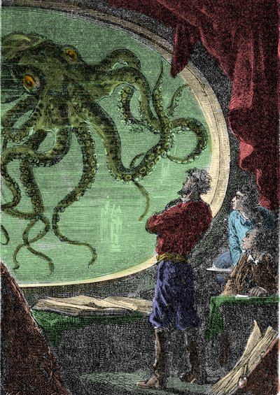 Ned Land, Profesör Aronnax ve hizmetçisi Conseil, denizaltı Nautilus'un lombozundan Dev Ahtapot'a bakıyor Jules Verne'in “Denizlerin altında yirmi bin fersah” kitabının gravürü (Yirmi bin - 20.000 - 20000) by Unknown artist