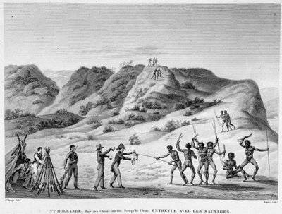 New Holland, Bay of Marine Dogs, Peron yarımadası: Kızılderililerle röportaj (Aborjinler ve yerleşimciler arasındaki karşılaşma) - gravür, deb. 19. yüzyıl by Unknown artist