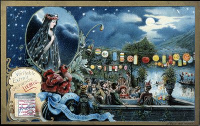 Bir gölün yakınında fenerlerle aydınlatılan gece, gece partisi - Liebig kromolitografisi by Unknown artist